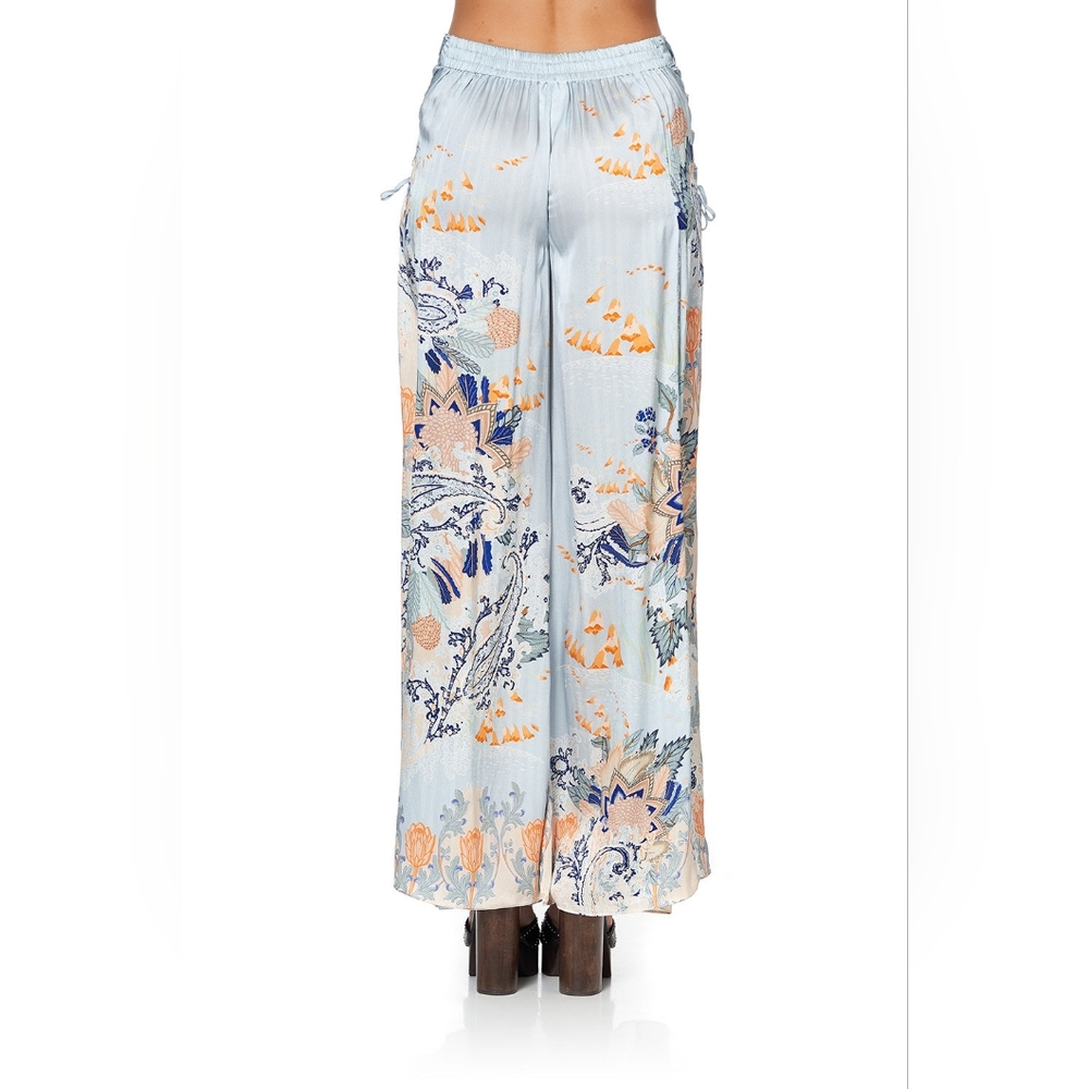B3. NWOT CAMILLA FRASER FANTASIA SILK FLARE PANTS WITH LACE UP SIDE - Picture 5 of 16